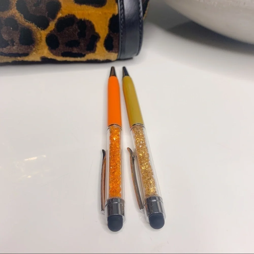 Two New Crystal filled stylus clip on pens black ink orange and gold